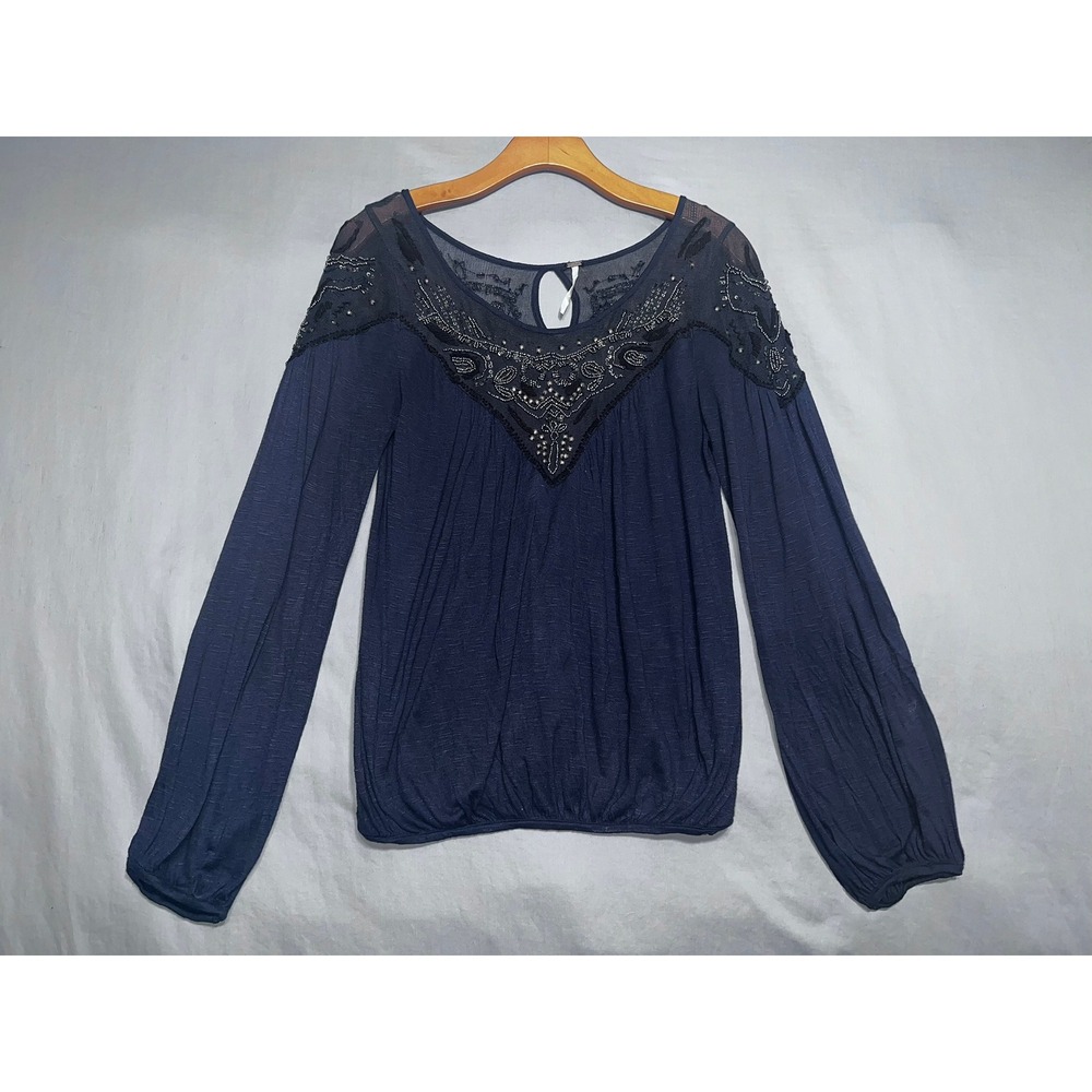 Free People Navy Blue Beaded Sequin Mesh Yoke Long Sleeve Flowy Blouse XS Boho